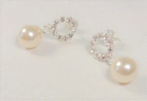 STERLING SILVER PEARL WITH SPARKLING WHITE STONES ELEGANT DANGLING EARRINGS - Picture 1 of 9