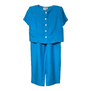 Maggy London Blue Silk Pants & Top Set Petites 10P 12P Career Formal 2-Piece - Picture 1 of 9