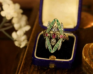 Bague Doré Vieilli Réglable Art Nouveau Insect Libéllule Vert CZ Rougge SB51 - Imagen 1 de 10
