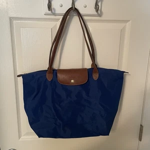 Bolso de Hombro Grande Longchamp Le Pliage Modele Depose Azul Nylon Cuero - Imagen 1 de 14