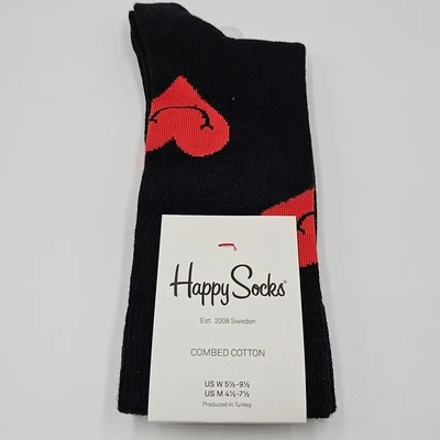 Meias femininas HAPPY SOCKS preto penteado algodão vermelho coração sorrisos tamanho 5.5-9.5 novas com etiquetas - Imagem 1 de 4