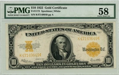 FR.1173 $10 1922 Gold Certificate Ch AU58 PMG 950688-2 - Image 1 of 3