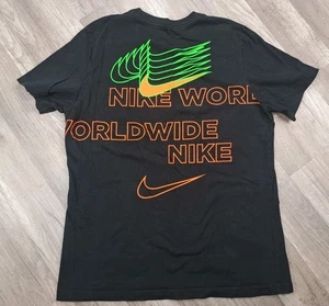 Nike World Wordwide Shirt Black Orange Double Sided Graphic Men's Size Large - Picture 1 of 5