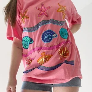 VINTAGE 80s Victoria Jones Coral Cotton Sea Beach Aquatic Beaded Knit Top, M - Picture 1 of 7
