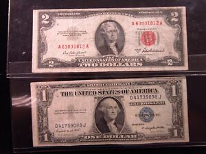 Usa $1 1935 & $2 1953 Pair Blue Red Seal Silver Certificate Us Note Money h1812