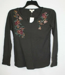 Style&co Women's Long Sleeve Split Neck Embroidered Shirt Size PM Color Gray - Picture 1 of 4