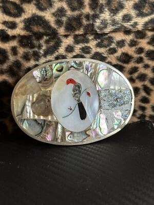 Винтажная Мексиканская Серебряная Пряжка для Пояса с Птицей с Инкрустированной Шваброй и Абалоновой Раковиной Z18 - Изображение 1 из 4