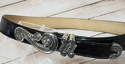 Barse Italian Leather Belt M Women's Croc Print Black Paisley Silver Tone Buckle - Image 1 of 4