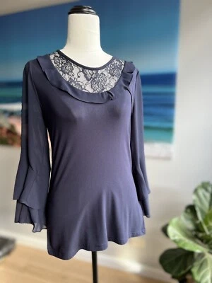 REVIEW navy bell sleeve lace frill  neck top size 10 - image 1 of 4