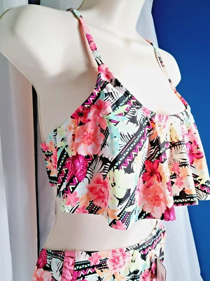 NWT O'rageous Swimwear M Racerback  Multicolor Tropical Floral Ruffle Flounce - Image 1 of 4
