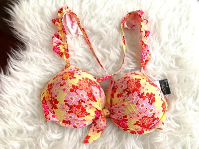 California Waves Swim Juniors Yellow Red Floral Push-up Bikini Top M  - Image 1 of 4