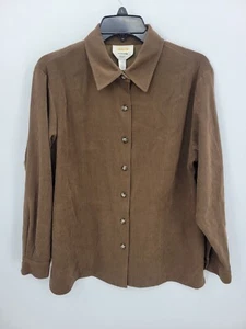 Talbots Top Womens Medium Petite Brown Stretch Long Sleeve Faux Suede Blouse - Picture 1 of 10