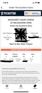 Under The Southern Stars Concert - Melbourne. 1x Ticket at Margaret Court Arena - Picture 1 of 1