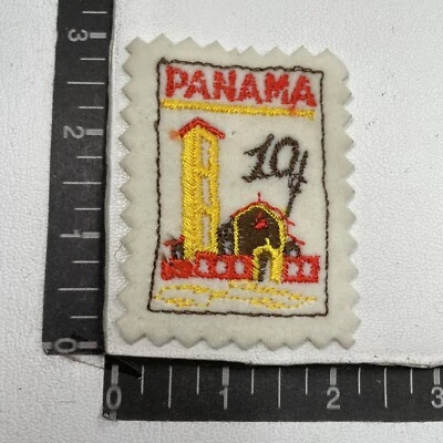 Vtg PANAMA 10¢ Postage Stamp Theme Felt Patch (w/ YELLOW Tower) 00Y2 Foto 1 de 2