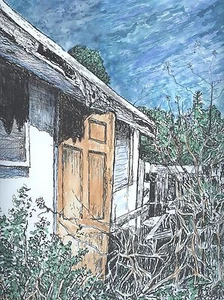 Original pen & ink drawing, Abandoned House , entrance way, threshold - Picture 1 of 1