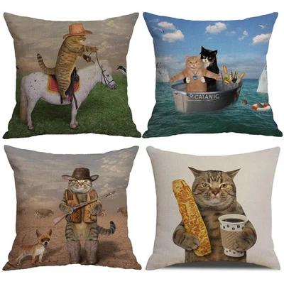 Cat Throw Pillow Covers Cat Cowboy on a Horse Pillow Cover Funny Two Brave Ca... - Image 1 of 4