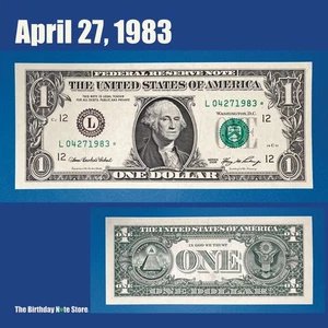 April 27, 1983 Birthday Anniversary $1 One Dollar Bill Serial Number 04271983 - Picture 1 of 2