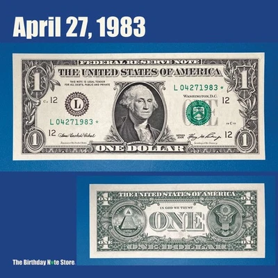 April 27, 1983 Birthday Anniversary $1 One Dollar Bill Serial Number 04271983 - Image 1 of 2