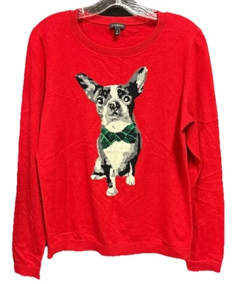 Talbots Cotton Cashmere Sweater Sz M Crew Neck Red Frenchie French Bulldog NWOT - Image 1 of 4