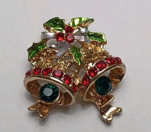 Vintage goldfarbene Weihnachtsglocke mit grünen und roten Strasssteinen mit Stechpalme  - Bild 1 von 5