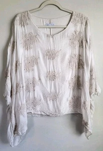 Tempo Paris Top 100% Silk Lined Embroudered Dolman Sleeve Blouse Boho - Picture 1 of 8