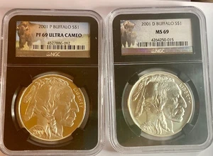 2001-P & D Buffalo  Proof Silver Dollar NGC PF 69 Ultra Cam MS 69 Black Core Set - Picture 1 of 6