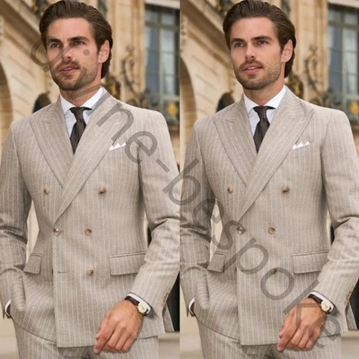 Trajes de hombre beige a rayas solapa pico doble botonadura boda esmoquin abrigo pantalón Foto 1 de 4