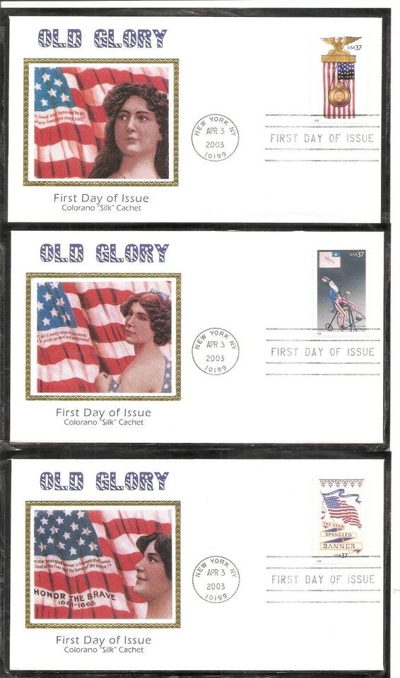 US SC # 3776-3780 Old Glory - Folk Art -. Colorano Silk Cachet - Image 1 of 2