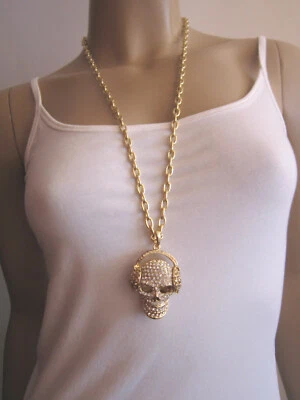 Modekette Hals Kette lang Strass Totenkopf mit Kopfhörern DJ Skull Gold Bling - Bild 1 von 4