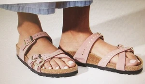 Birkenstock sz 40 R Soft Footbed Rosy Tan Franca Rivets Adjustable Slide Sandals - Picture 1 of 16