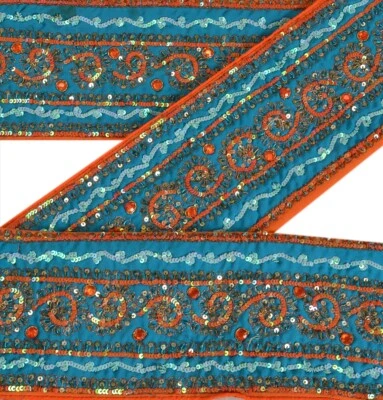 Sanskriti Vintage Sari Borde Cuentas Artesanales Adornos Encaje 1 Yarda Azul Naranja Foto 1 de 4
