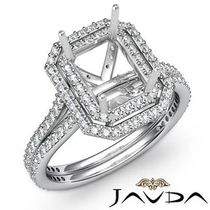 Anillo de compromiso de platino semi montaje de 1,6 quilates corte esmeralda con halo pavé de diamantes de 2 filas - Imagen 1 de 6