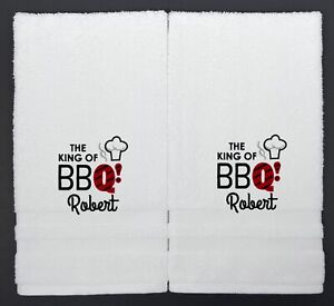 Personalized The King of BBQ Embroidered Hand Kitchen Towels White Brand New