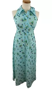 Maxi Vestido Vintage Años 70 Allegro Azul Floral Mariposa Sin Mangas Cuello Punta - Imagen 1 de 10