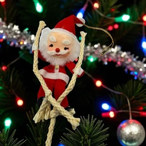 Babbo Natale in feltro floccato vintage su corda altalena ornamento - Foto 1 di 6