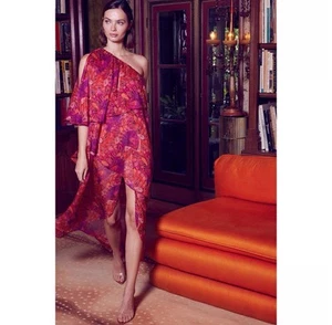 Abito Misa Los Angeles monospalla a strati viola e rosa chiffon nuovo con etichette taglia M - Foto 1 di 12