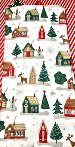 2 CHRISTMAS VILLAGE HOUSES KITCHEN TOWELS REINDEER TREES SNOWMEN WINTER TOWN - Picture 1 of 13