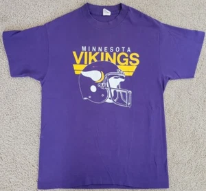 VINTAGE 80s MINNESOTA VIKINGS NFL HELMET GOLD PURPLE T-SHIRT FOOTBALL MED TRENCH - Picture 1 of 12