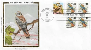 Birds American Kestrel BLK Owl Undressed USA Colorano Silk FDC 1991 - Picture 1 of 1