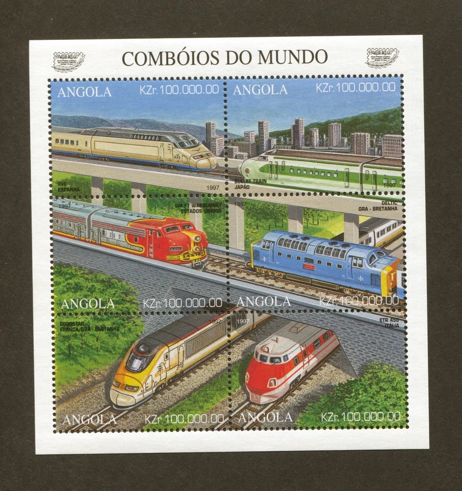 Angola Scott # 988, 1997, locomotoras modernas, hoja de 6, en muy buen estado MNH, SCV: $8,00 Foto 1 de 1