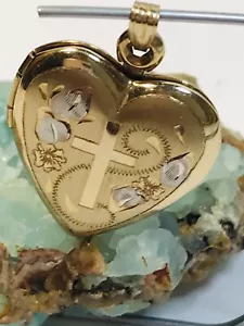 10K multi color gold heart center cross locket Puffy Pendant 1.2/16” Length - Picture 1 of 18
