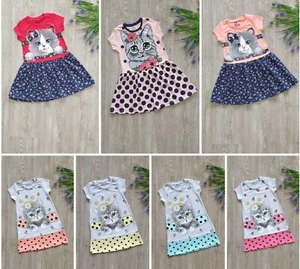 Kinder Mädchen Kleid Kurzarmen Sommerkleid Tunika Kätzchen Motiv 92 98 104 110 - Bild 1 von 9