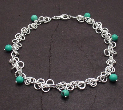 Natural Turquoise Gemstone Bead Charm  Dangle Anklet Ankle Bracelet Real Silver  - Image 1 of 4