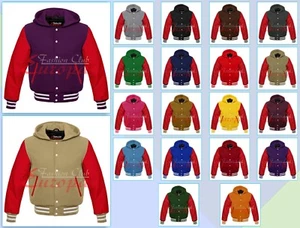 Chaqueta de lana de béisbol Varsity Letterman con capucha, mangas rojas de cuero real - Imagen 1 de 12