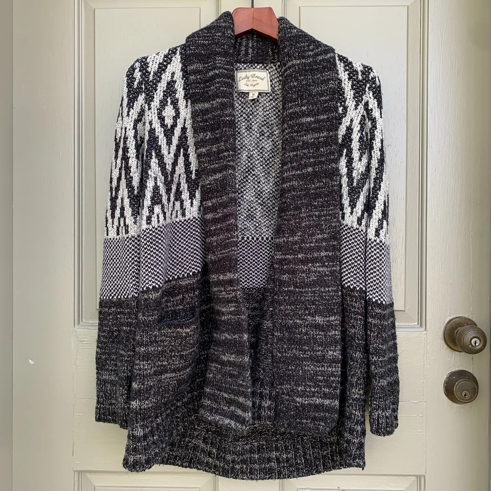 Cárdigan Lucky Brand para mujer talla M suéter de lana gris negro frente abierto occidental Foto 1 de 4
