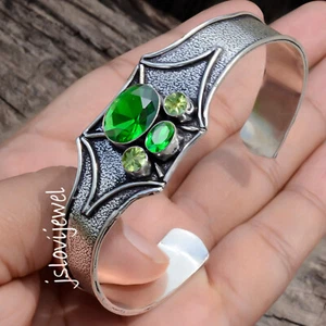 Oval Cut Diopside & Peridot Cut Gemstone 925 Sterling Silver Big Bangle Cuff - Picture 1 of 5