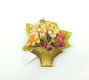 Michal Negrin  Romantic Golden Brooch basket flowers  Crystals wow - Picture 1 of 7