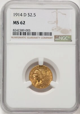 1914-D INDIAN HEAD $2.5 QUARTER EAGLE GOLD NGC MS62 - Image 1 of 4