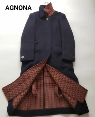 Agnona  Long Stand Collar River Paddock Coat Check Dark navy - Image 1 of 4