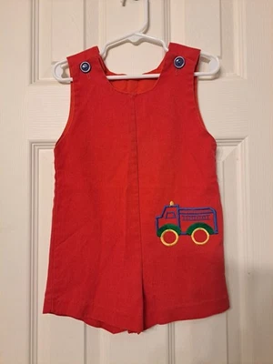Vintage Alexis Christmas Red Snap Jon Jon Romper W Fire Truck Baby Boy Sz 2T - Image 1 of 4